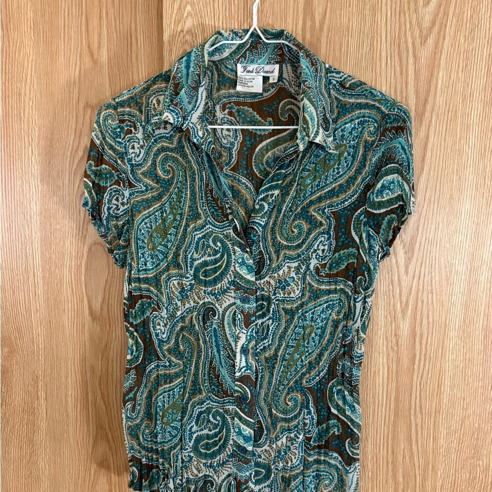 Fred David Teal and Brown Paisley Sheer Pleated Button Down Blouse